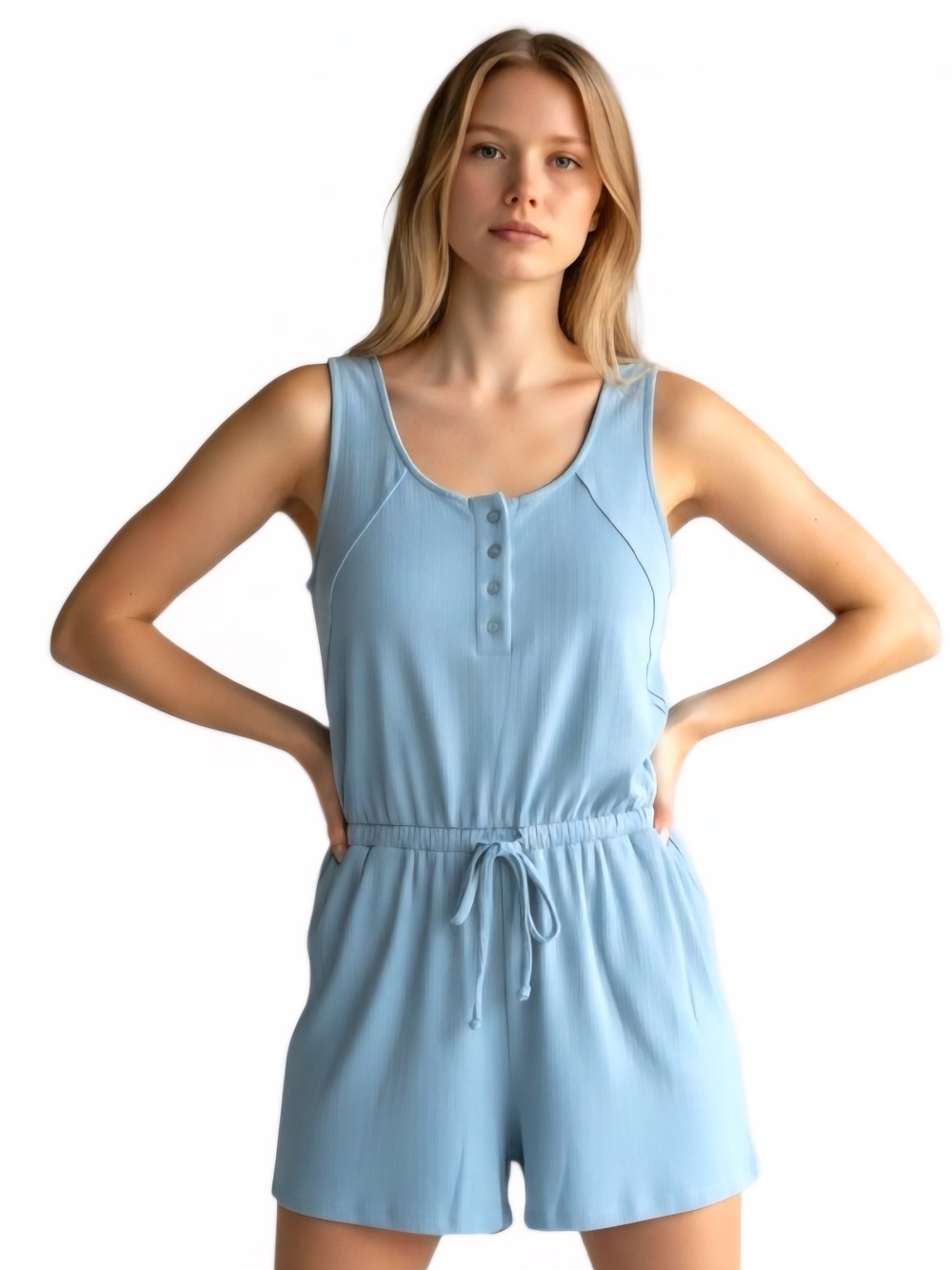 Hem & Thread Light Blue Ribbed Tank Romper with Drawstring Size M New With Tag